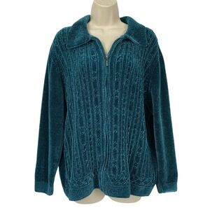 Alfred Dunner Chenille Zip Cardigan Sweater Plus 1X Teal Green Cable Knit Cozy
